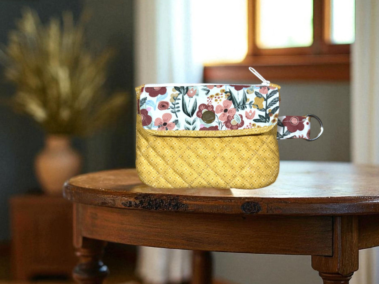 Handmade Quilted Wallet: Golden Bloom Floral Design, Zipper & Snap Pockets