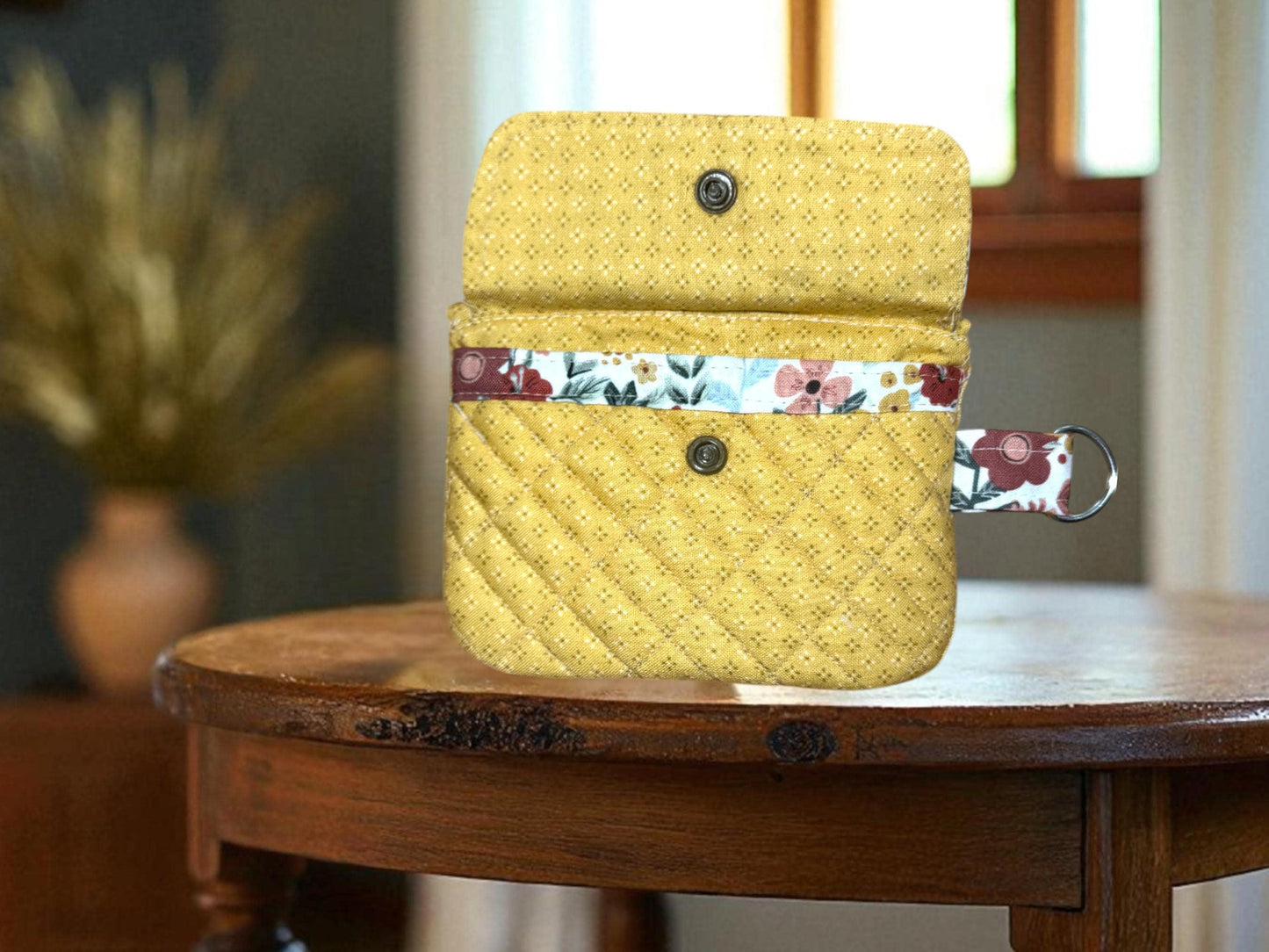 Handmade Quilted Wallet: Golden Bloom Floral Design, Zipper & Snap Pockets