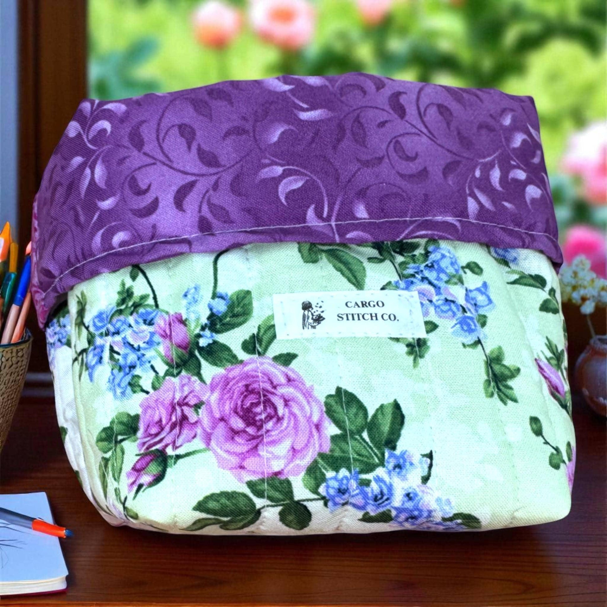Quilted Fabric Basket Garden Floral Print Handmade Storage Organizer Cottagecore Home Decor Bin