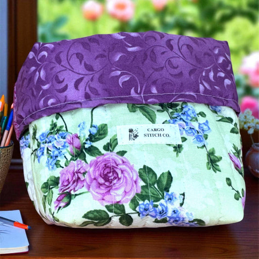 Quilted Fabric Basket Garden Floral Print Handmade Storage Organizer Cottagecore Home Decor Bin