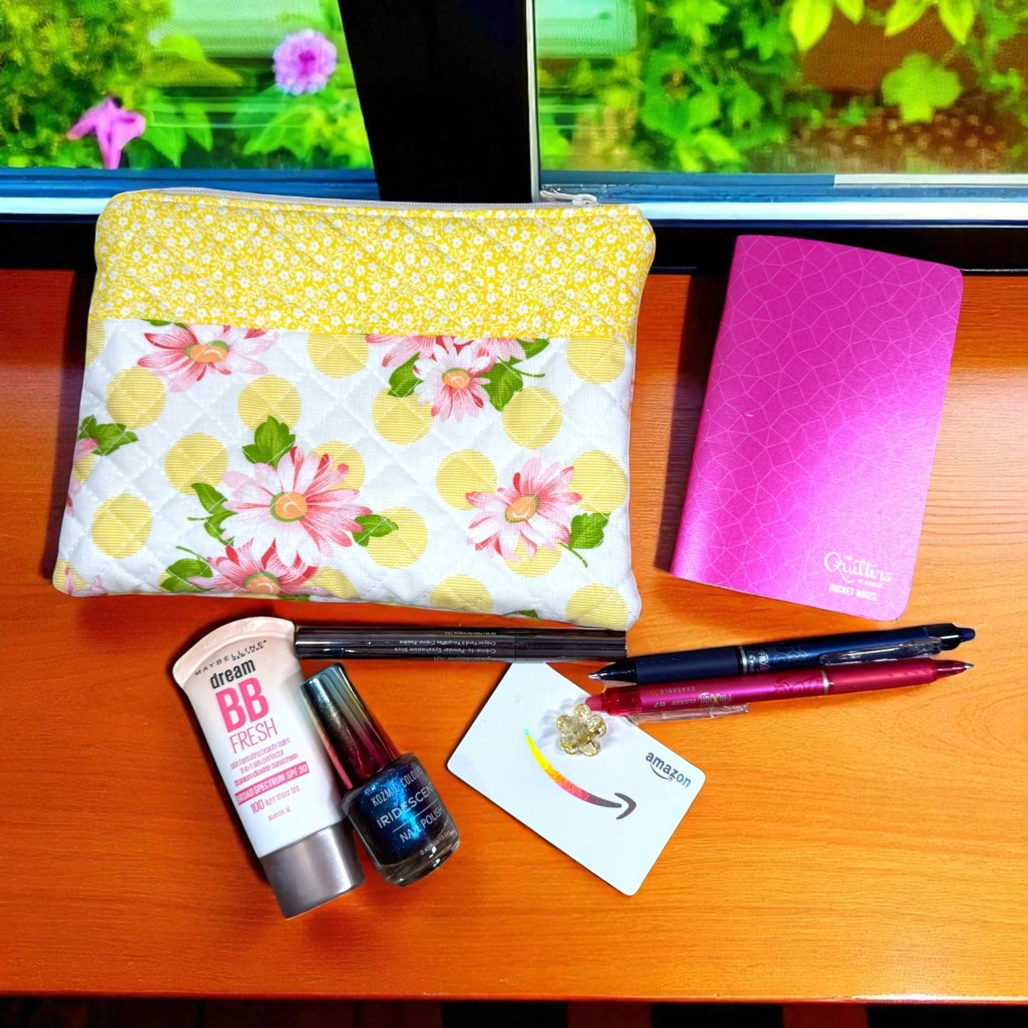 Pink Daisy & Polka Dot Quilted Pouch | Stitcher’s Carry Zipper Bag with Yellow Floral Band | Handmade Project Organizer for Crafters