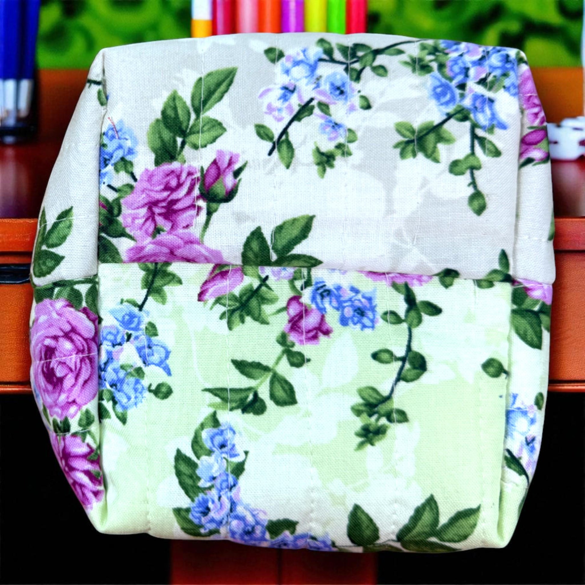 Quilted Fabric Basket Garden Floral Print Handmade Storage Organizer Cottagecore Home Decor Bin