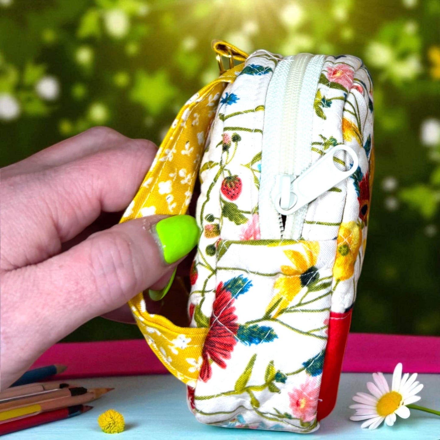 Wildflower Road Mini Backpack, Tiny Quilted Floral Backpack, Handmade Keychain Bag, Small Travel Pouch, Cute Floral Festival Bag