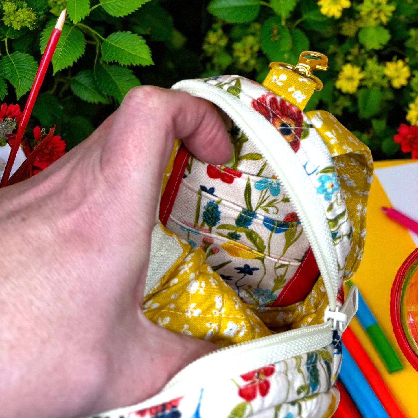 Mini Quilted Backpack – Wildflower Road Floral – Handmade Keychain Bag & Small Travel Pouch – Cute Festival Bag - Money Holder