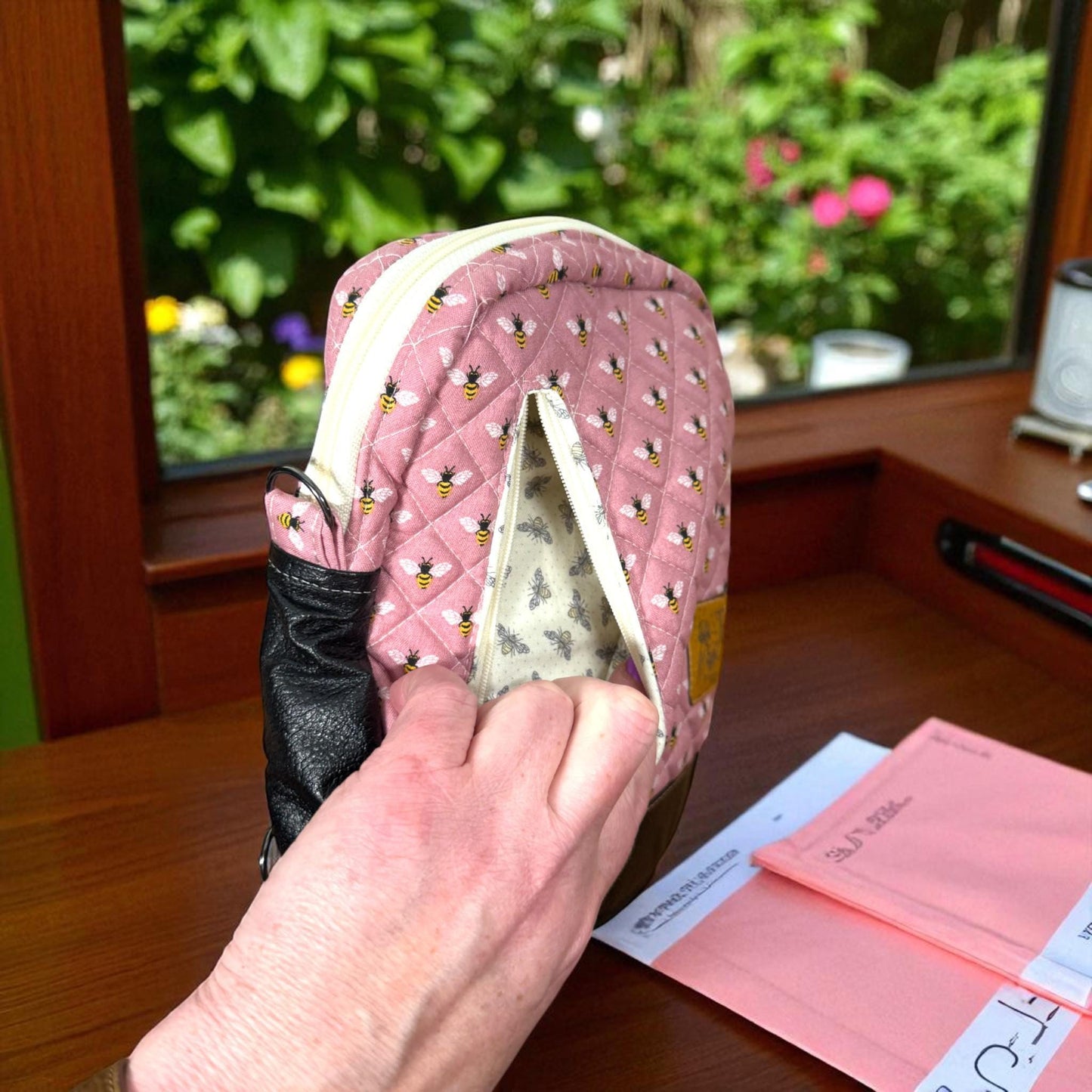 Quilted Crossbody Bag – Honeybee Cottage Print – Hearthside Edition – Peppermint Lane 2025 – Pink & Brown Bee Purse – Holiday Gift