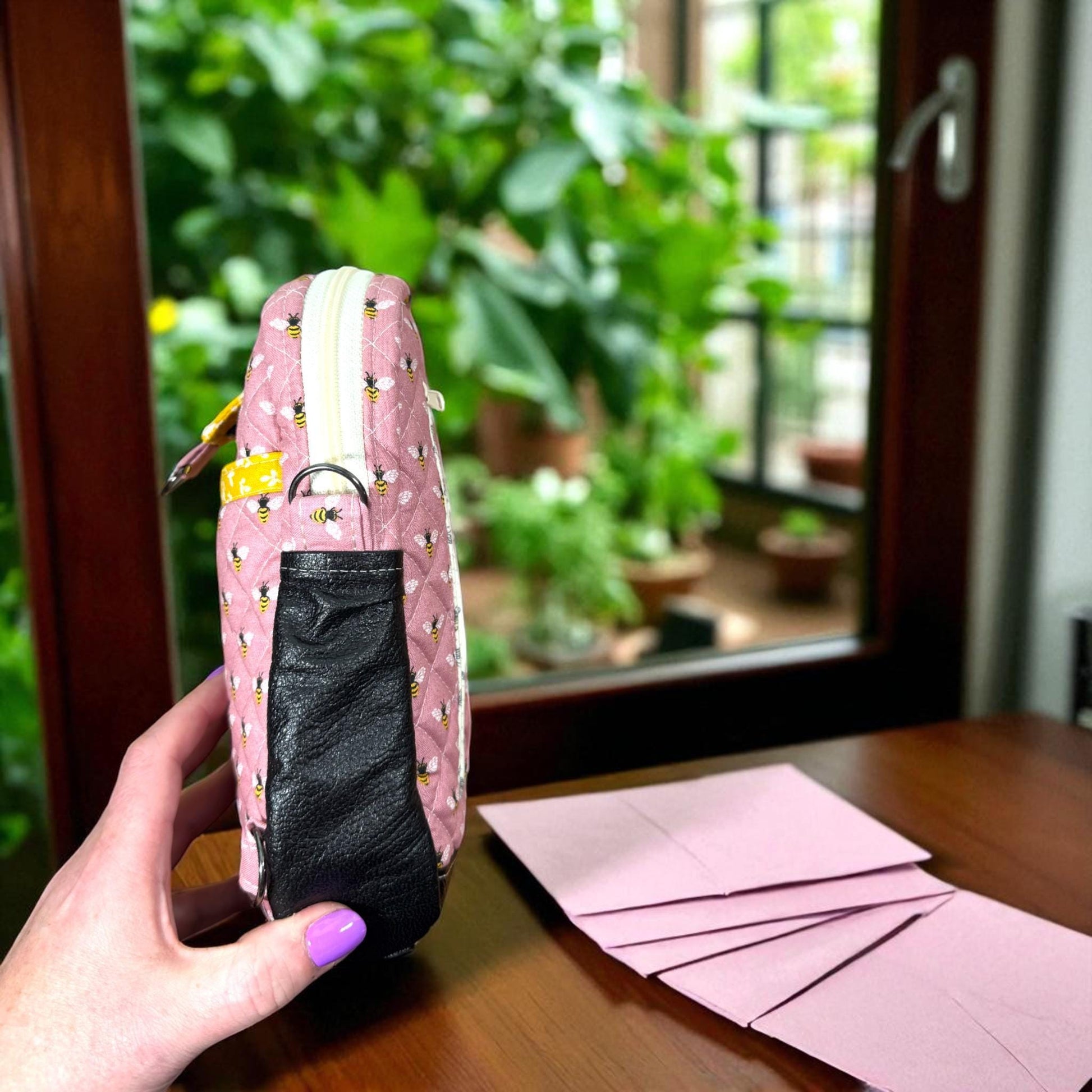 Quilted Crossbody Bag – Honeybee Cottage Print – Hearthside Edition – Peppermint Lane 2025 – Pink & Brown Bee Purse – Holiday Gift