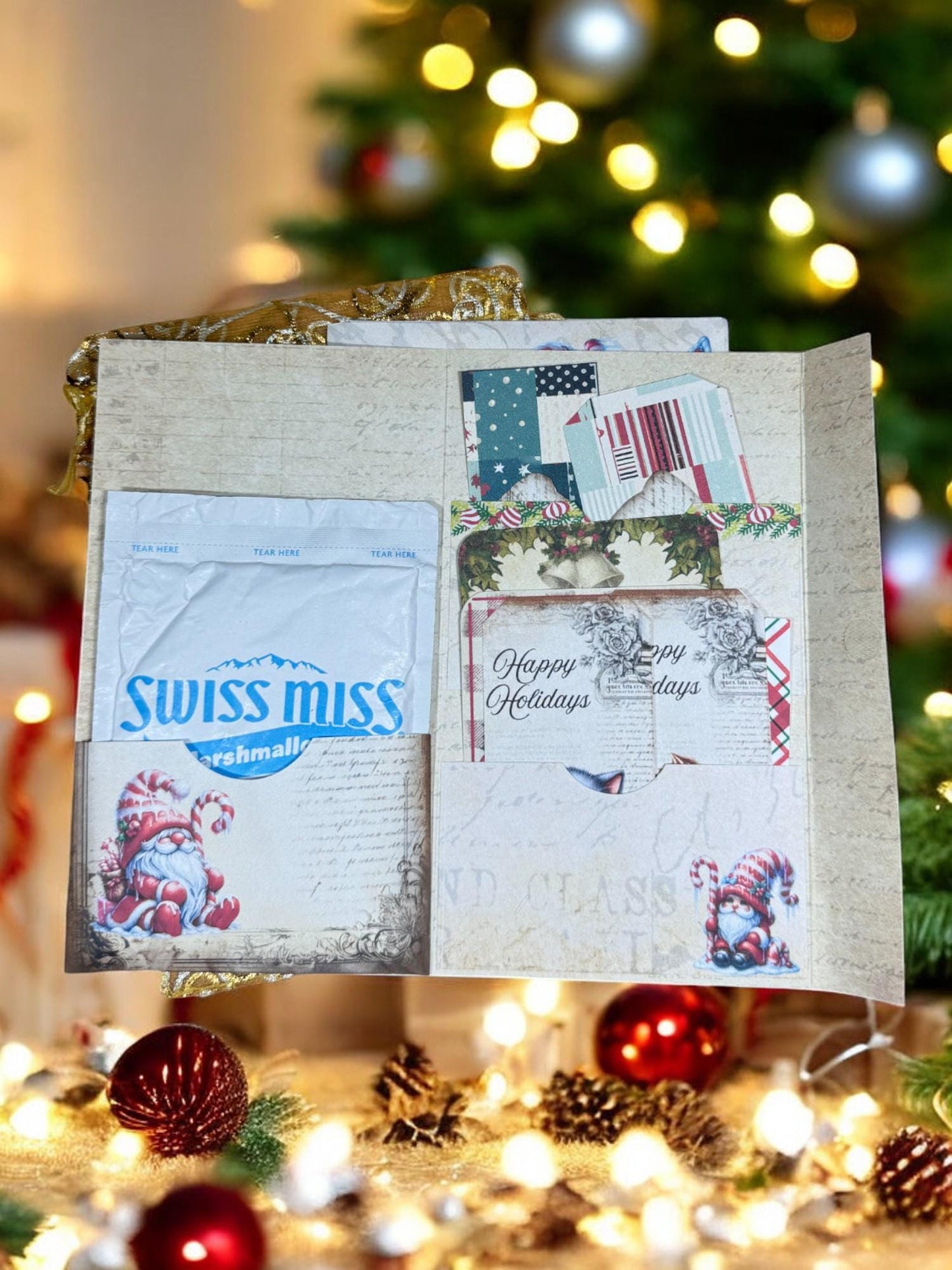 Candy Cane Gnome Gift Card Holder – Christmas Junk Journal Folio with Tags, Cards & Cozy Tea Treat