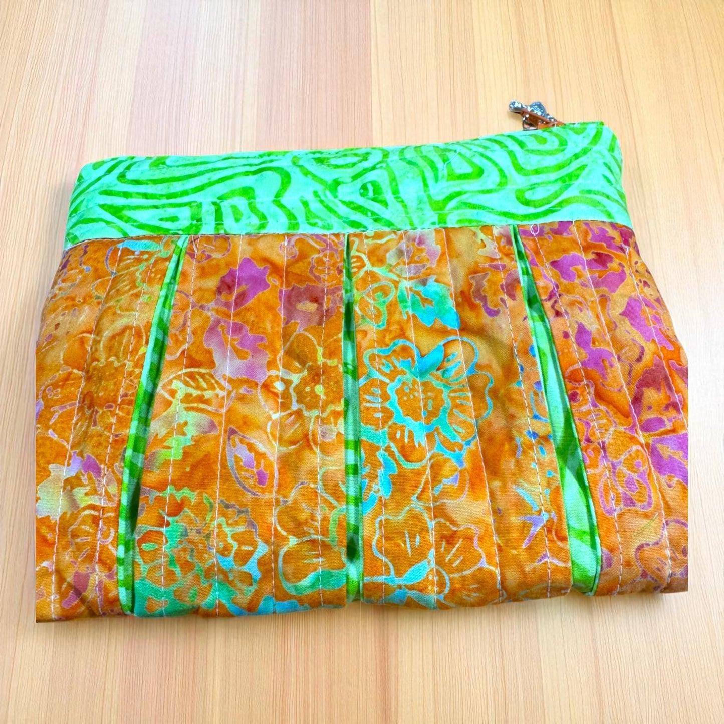 Quilted Batik Zipper Pouch: Handmade Pleated Cosmetic Bag