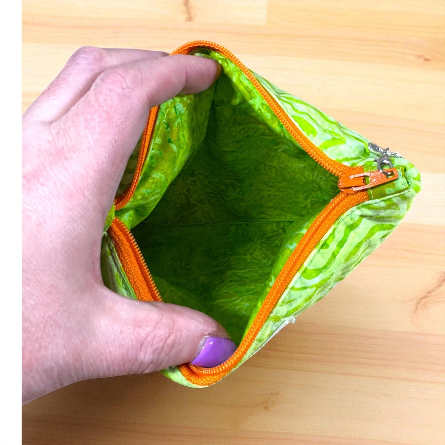 Quilted Batik Zipper Pouch: Handmade Pleated Cosmetic Bag