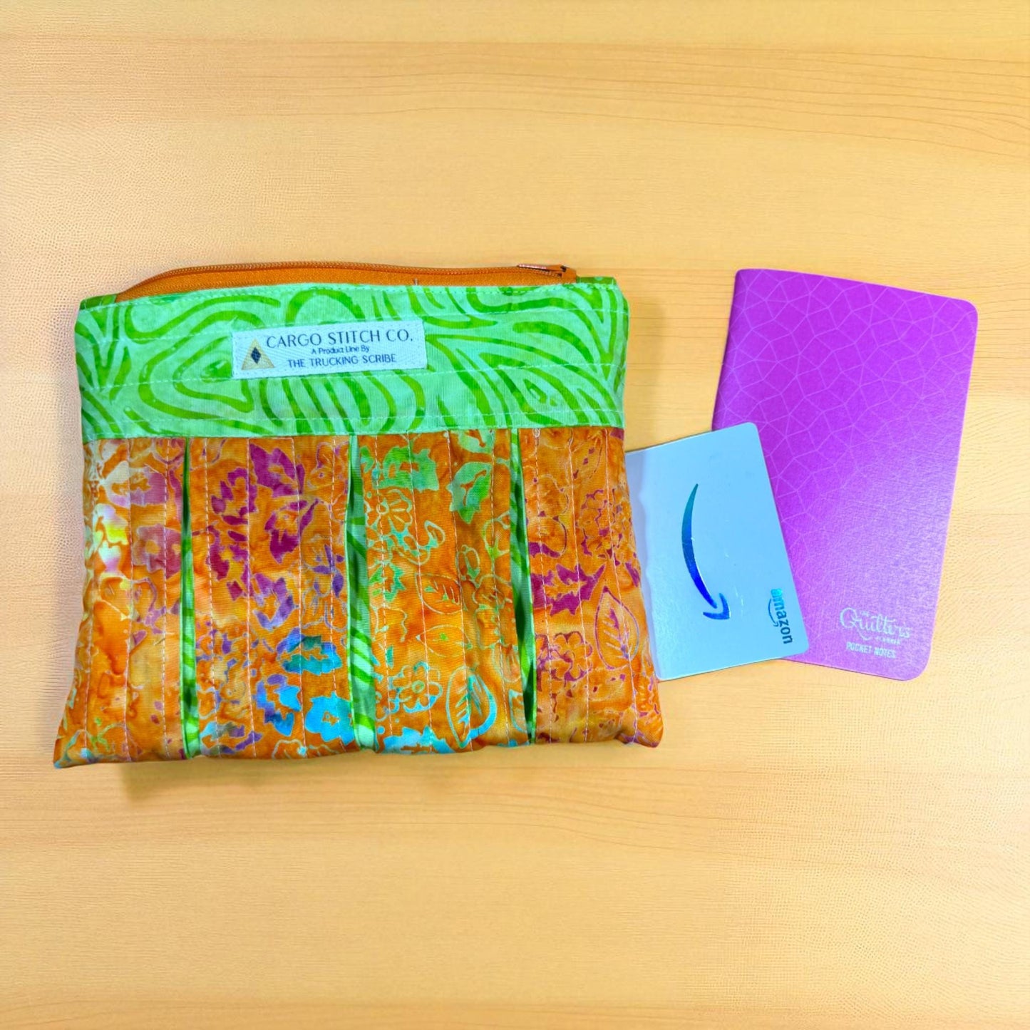 Quilted Batik Zipper Pouch: Handmade Pleated Cosmetic Bag