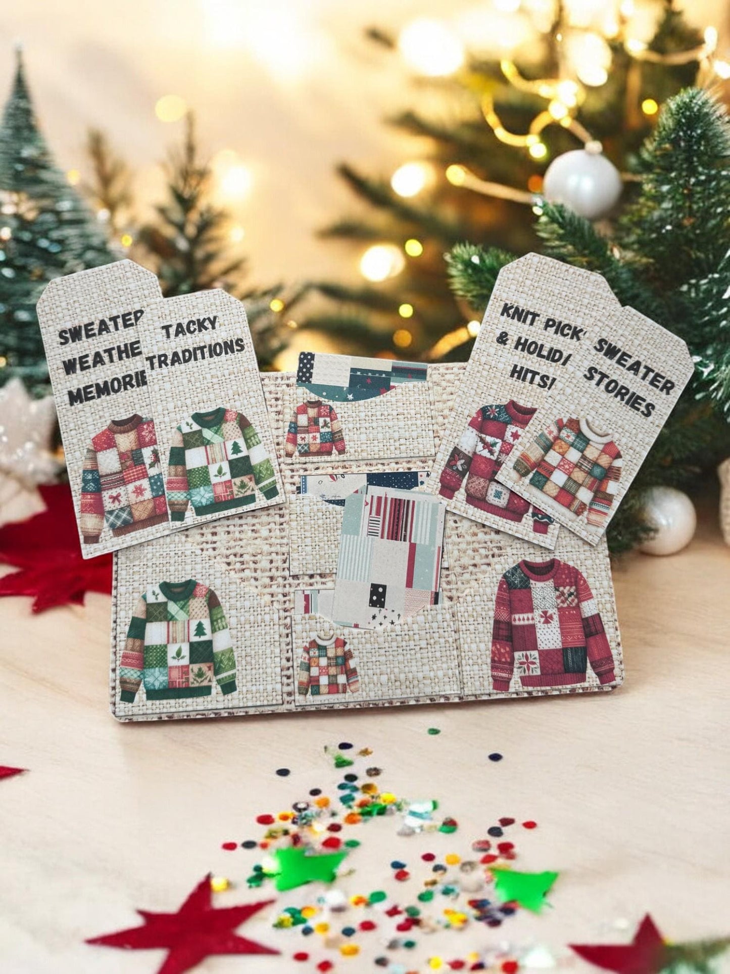 Winter Ugly Sweater Junk Journal Folio • Handmade Folio Book with Pockets & Tags