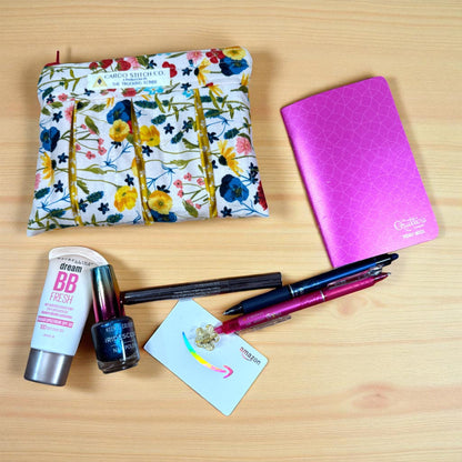 Wildflower Quilted Zipper Pouch, Floral Pleated Makeup Bag, Garden Cosmetic Pouch, Handmade Project Bag, Floral Gift