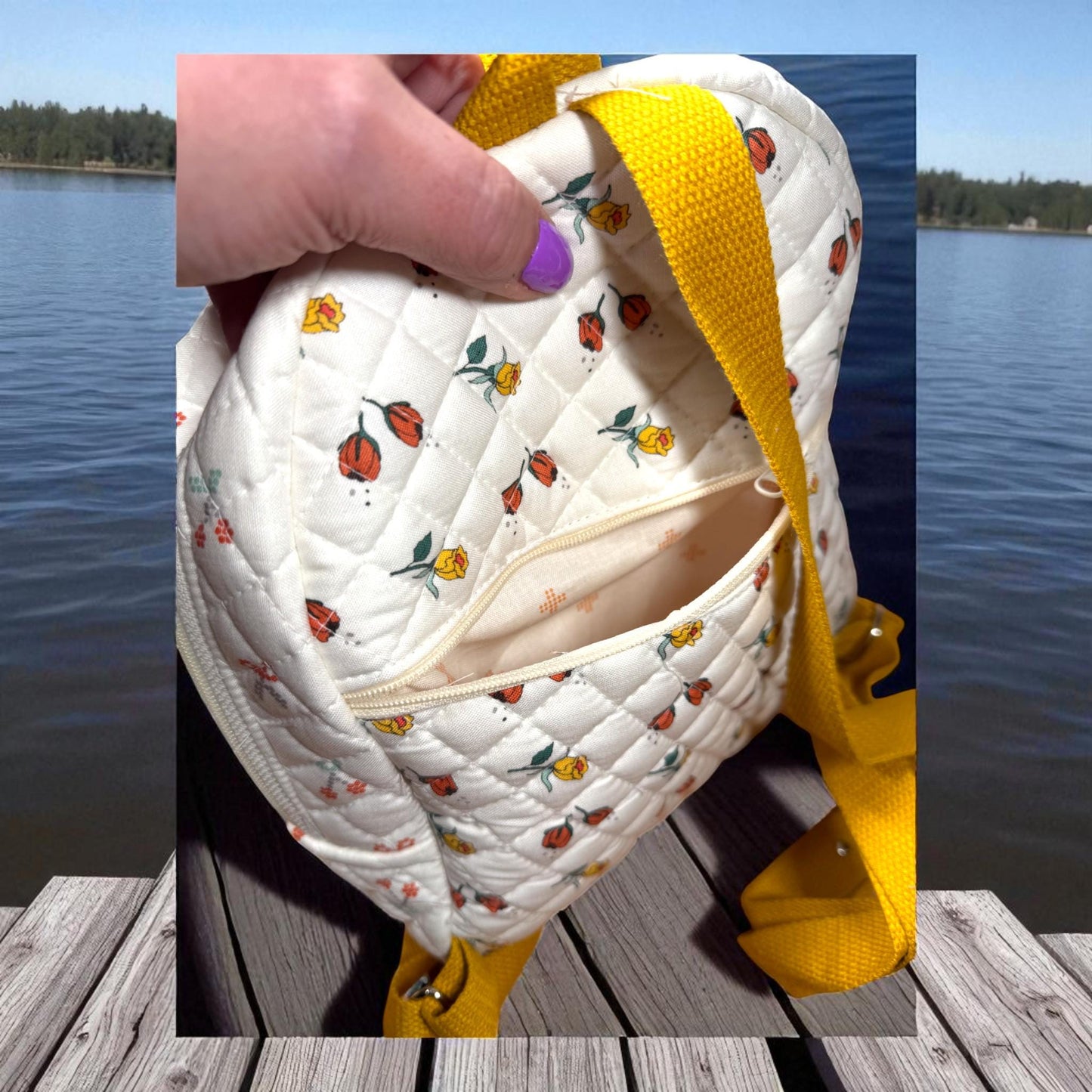 Quilted Floral Backpack – Handmade Small Daypack – Floral Travel Bag – Mini Quilted Purse for Everyday Use