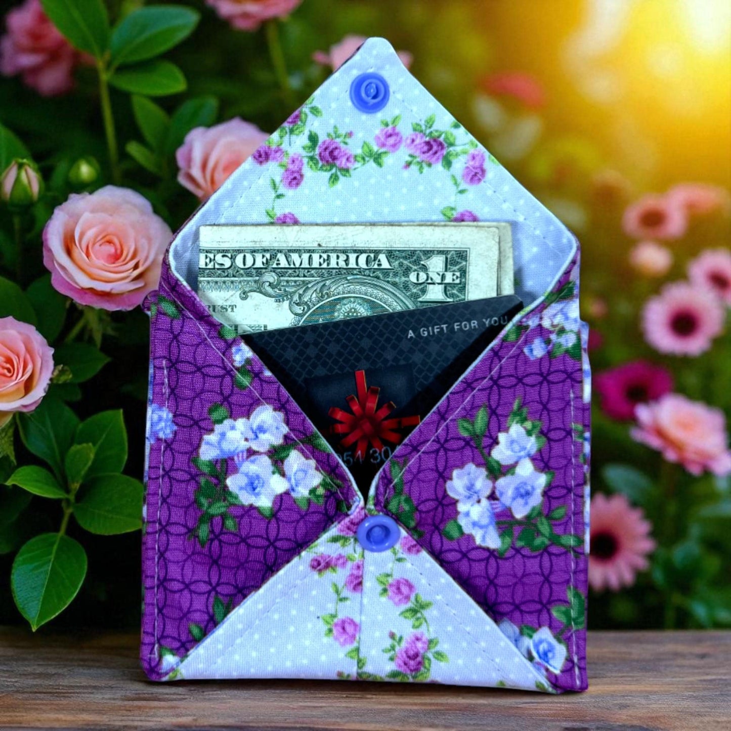 Garden Gate Wallet - Vintage Floral Wallet | Quilted Snap Pocket Card Holder | Handmade Minimalist Wallet