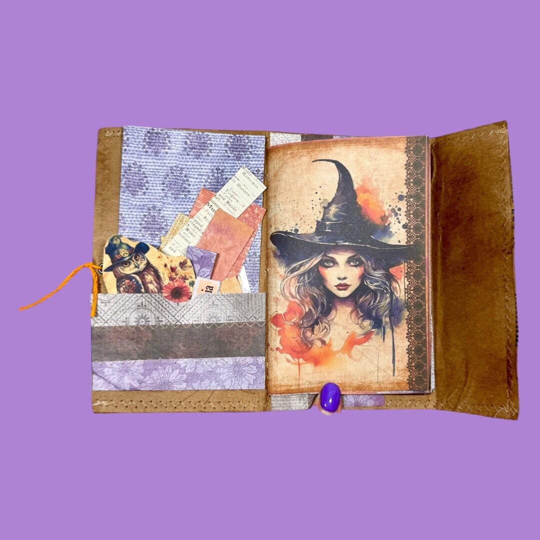 Halloween Witch Junk Journal – Coffee‑Dyed Grimoire, Mystical Art Diary, Handmade Spellbound Notebook