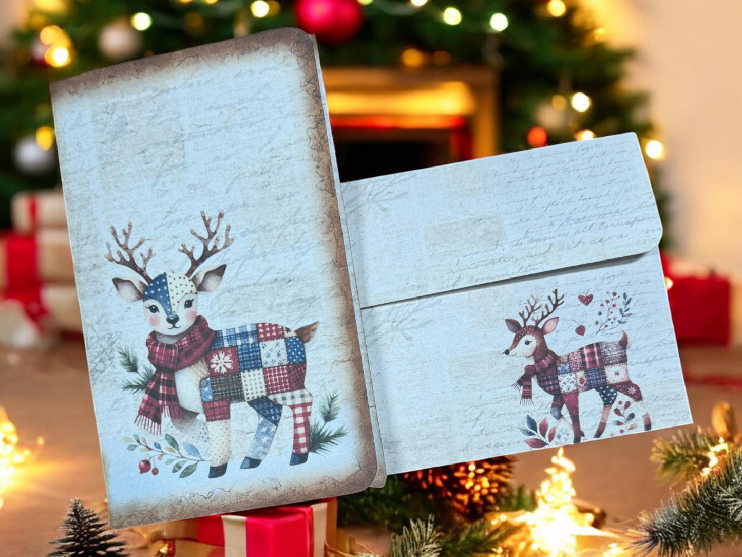 Christmas Patchwork Reindeer Gift Card Holder Set • Holiday Folio with Tags & Journaling Cards
