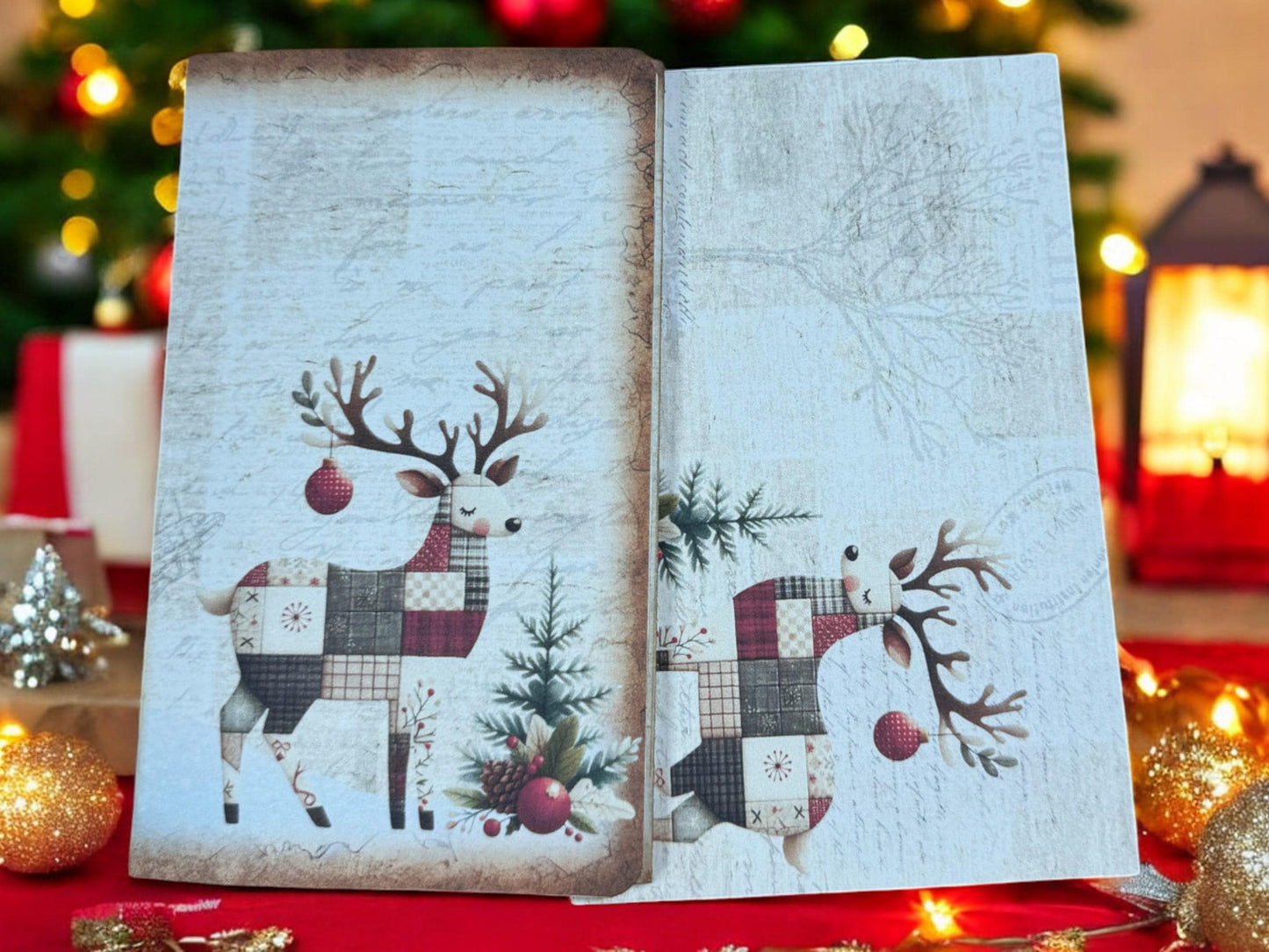 Christmas Patchwork Reindeer Gift Card Holder Set • Holiday Folio with Tags & Journaling Cards