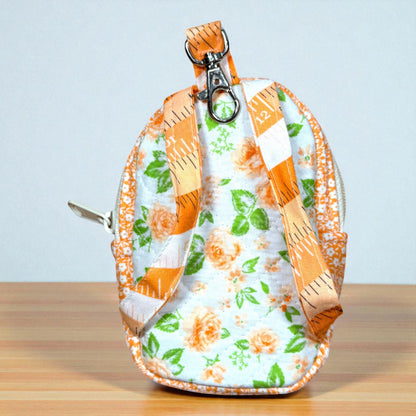 Mini Backpack Keychain | Quilted Zipper Coin Pouch | Small Clip On Bag | Card Holder Keychain | Orange Floral