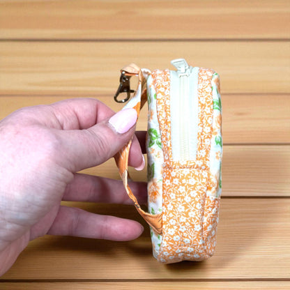 Mini Backpack Keychain | Quilted Zipper Coin Pouch | Small Clip On Bag | Card Holder Keychain | Orange Floral