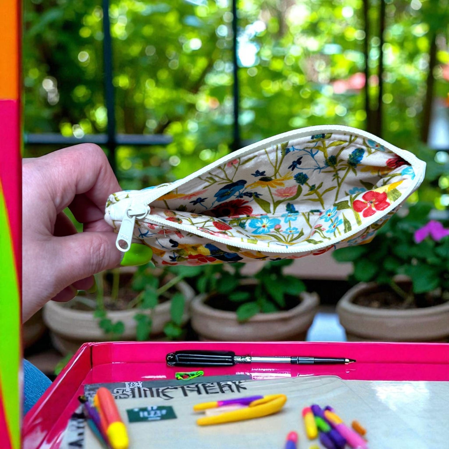 Wildflower Road Vista Pouch — Quilted Floral Glasses Case, Handmade Zipper Pouch, Travel Pencil or Accessory Bag