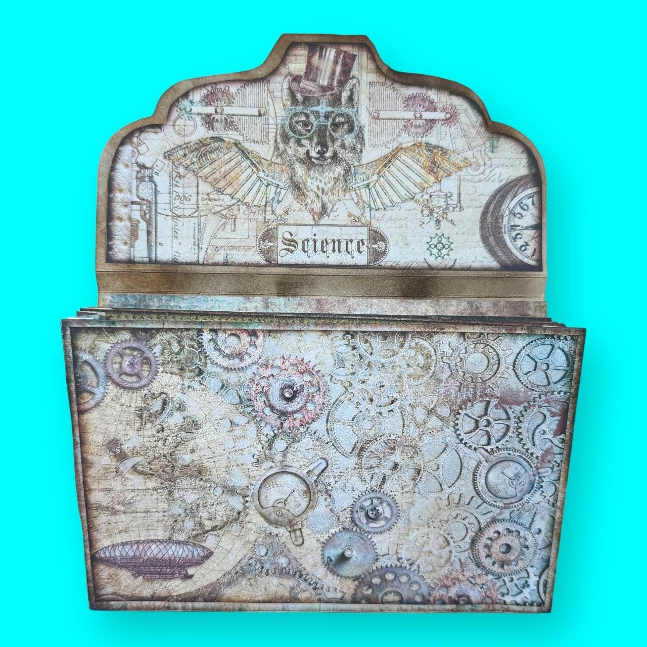 Steampunk Accordion File Folder – Junk Journal Organizer with Pockets – Vintage Ephemera Storage for Journaling or Collage Art