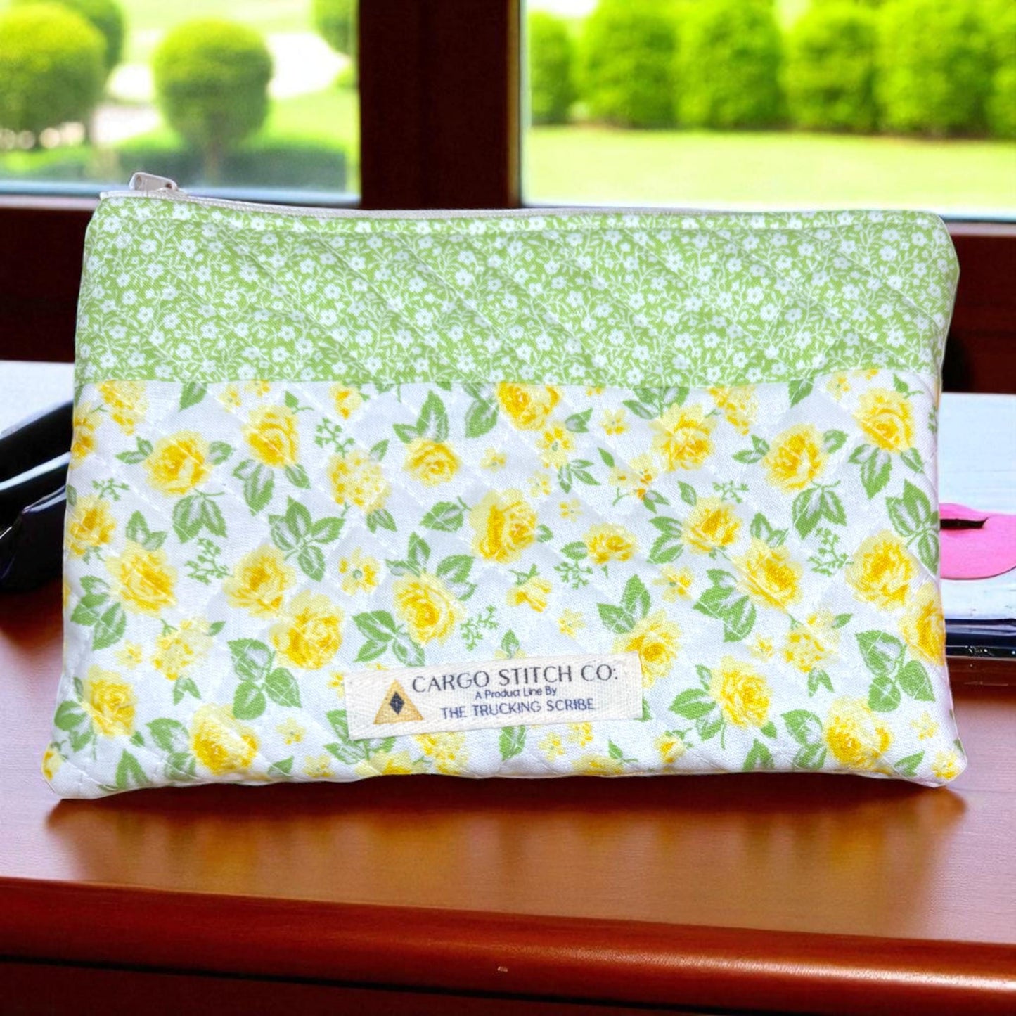 Yellow Rose Quilted Zipper Pouch | Stitcher’s Carry Handmade Floral Bag | Green & Yellow Project Pouch for Sewing or Journaling