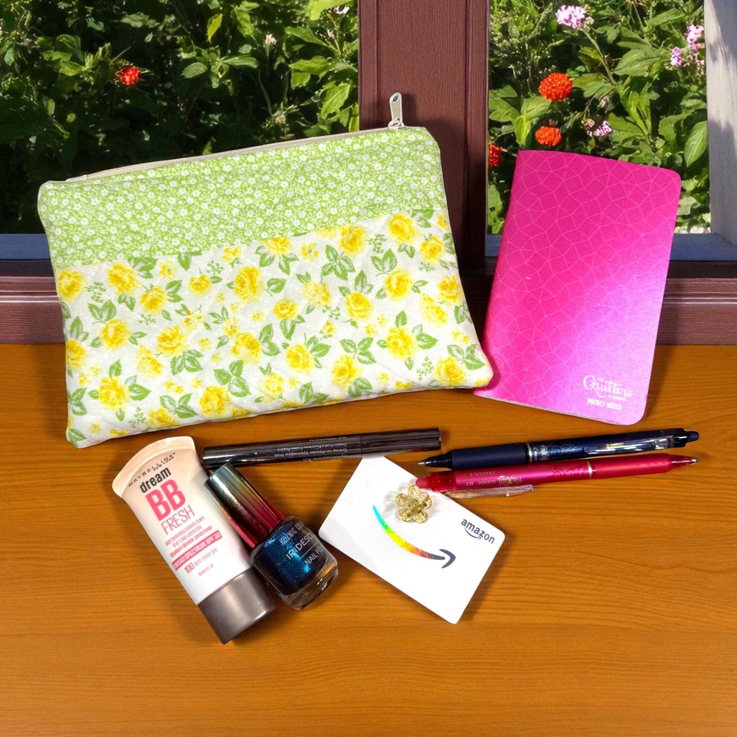 Yellow Rose Quilted Zipper Pouch | Stitcher’s Carry Handmade Floral Bag | Green & Yellow Project Pouch for Sewing or Journaling