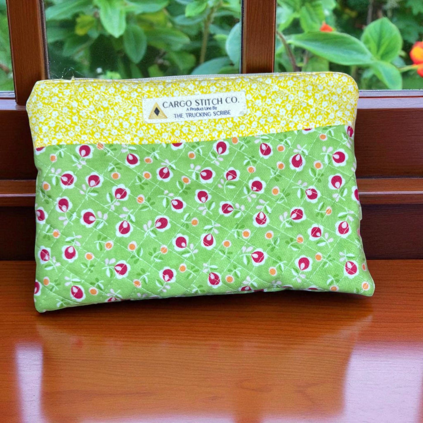 Green Floral Quilted Zipper Pouch | Stitcher’s Carry Project Bag with Yellow Accent | Handmade Organizer for Sewing & Embroidery Tools