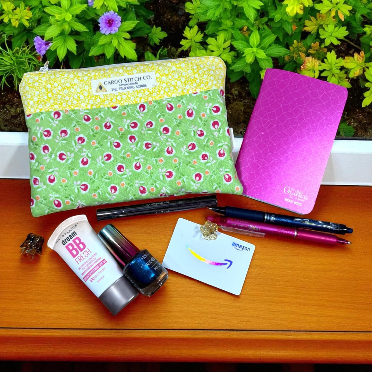 Green Floral Quilted Zipper Pouch | Stitcher’s Carry Project Bag with Yellow Accent | Handmade Organizer for Sewing & Embroidery Tools