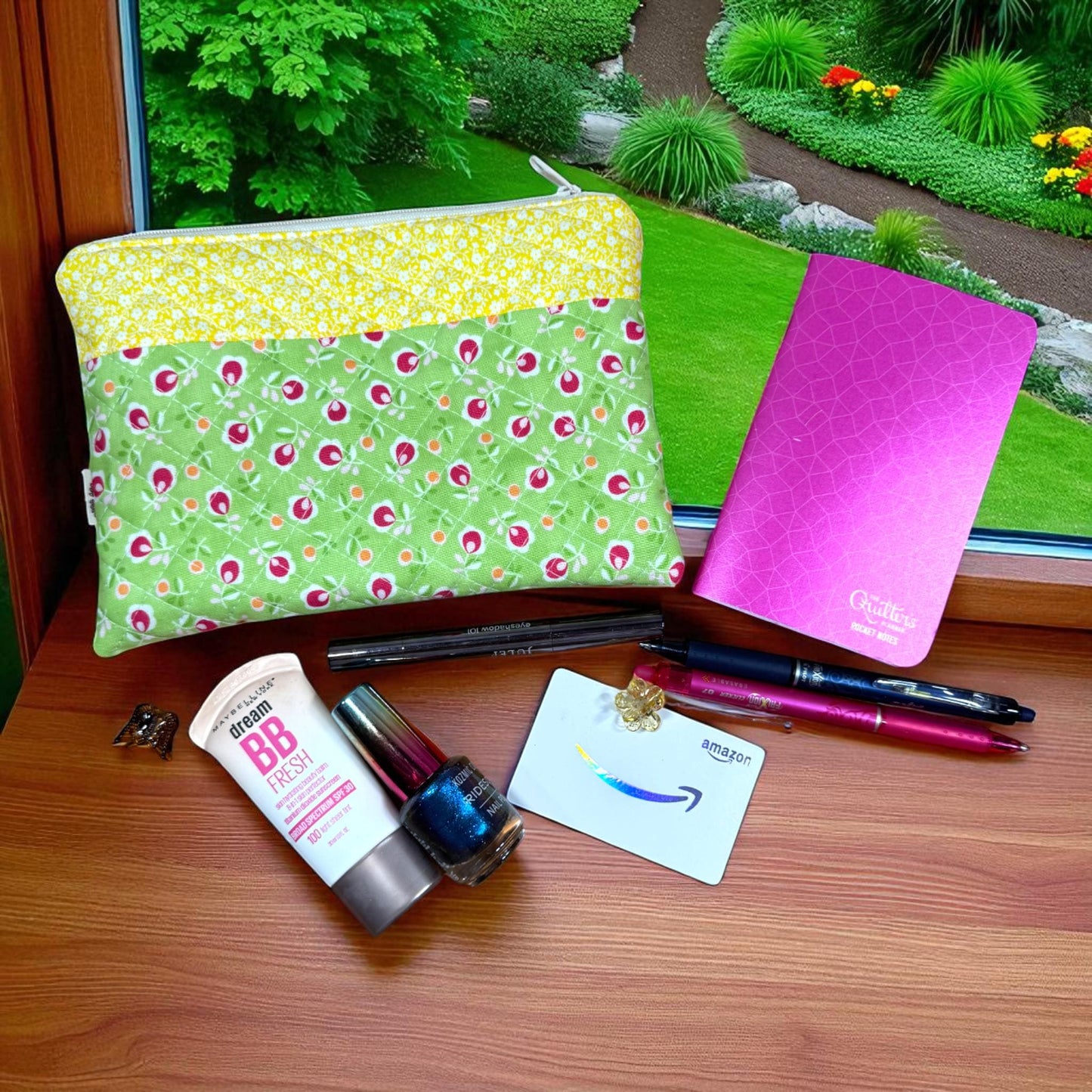 Green Floral Quilted Zipper Pouch | Stitcher’s Carry Project Bag with Yellow Accent | Handmade Organizer for Sewing & Embroidery Tools