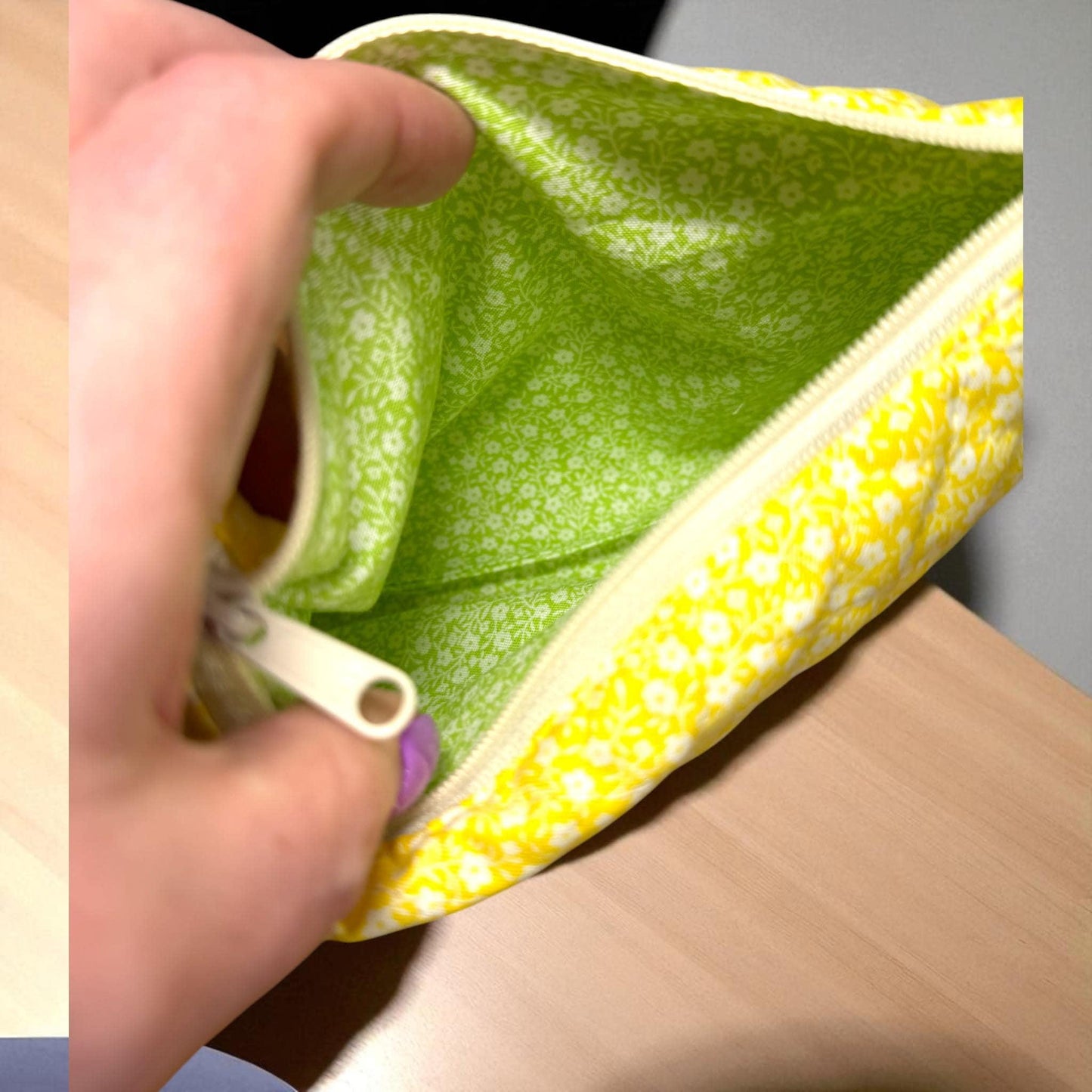 Green Floral Quilted Zipper Pouch | Stitcher’s Carry Project Bag with Yellow Accent | Handmade Organizer for Sewing & Embroidery Tools