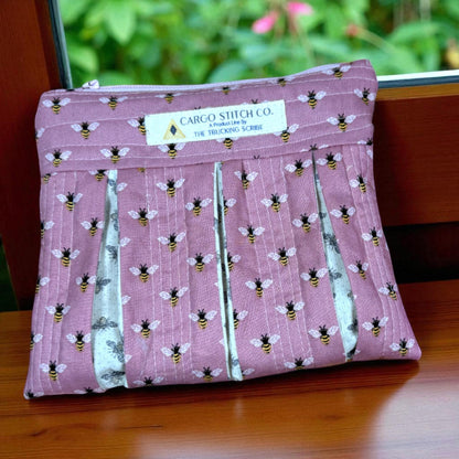 Bee Quilted Zipper Pouch, Pleated Makeup Bag, Pink Bee Pouch, Garden Lover Gift, Handmade Cosmetic Bag, Busy Bee