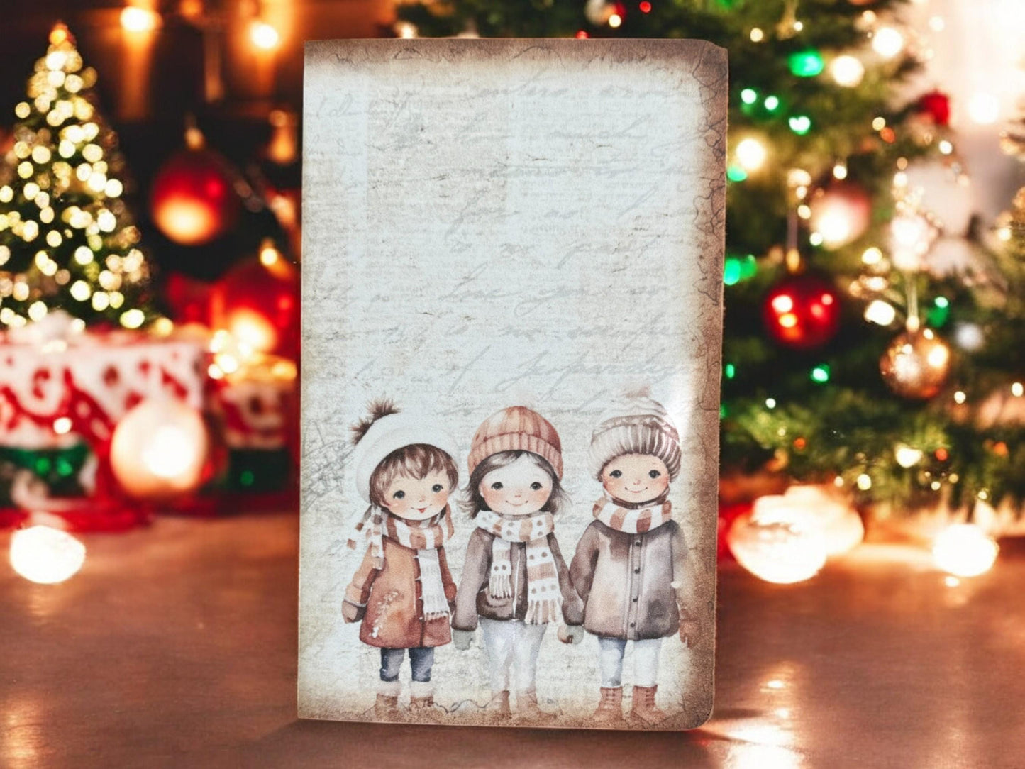 Holiday Gift Card Holder Set • Winter Children in Snow Envelope + Tags & Journal Card • Festive Keepsake Envelope Set