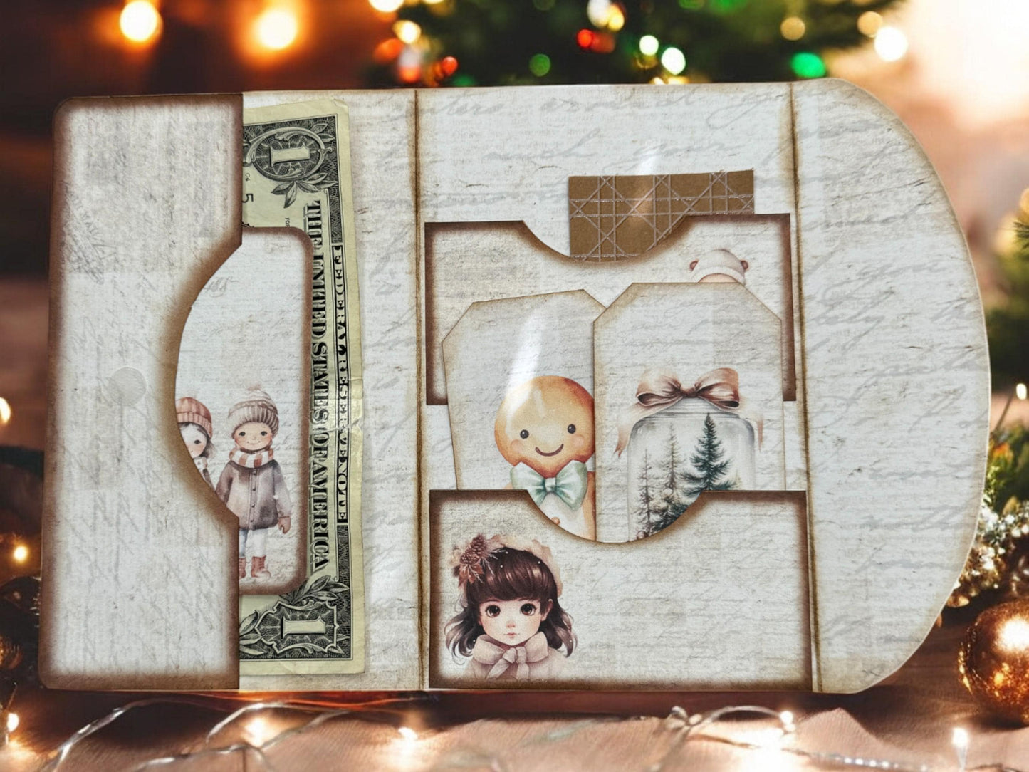 Holiday Gift Card Holder Set • Winter Children in Snow Envelope + Tags & Journal Card • Festive Keepsake Envelope Set