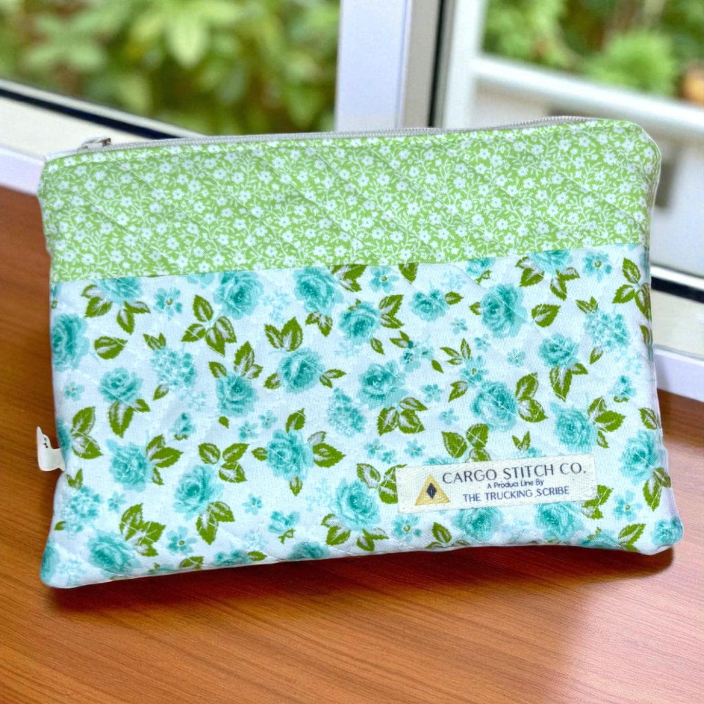 Aqua Rose Quilted Zipper Pouch | Stitcher’s Carry Handmade Bag | Green & Blue Floral Project Organizer for Sewing or Journaling