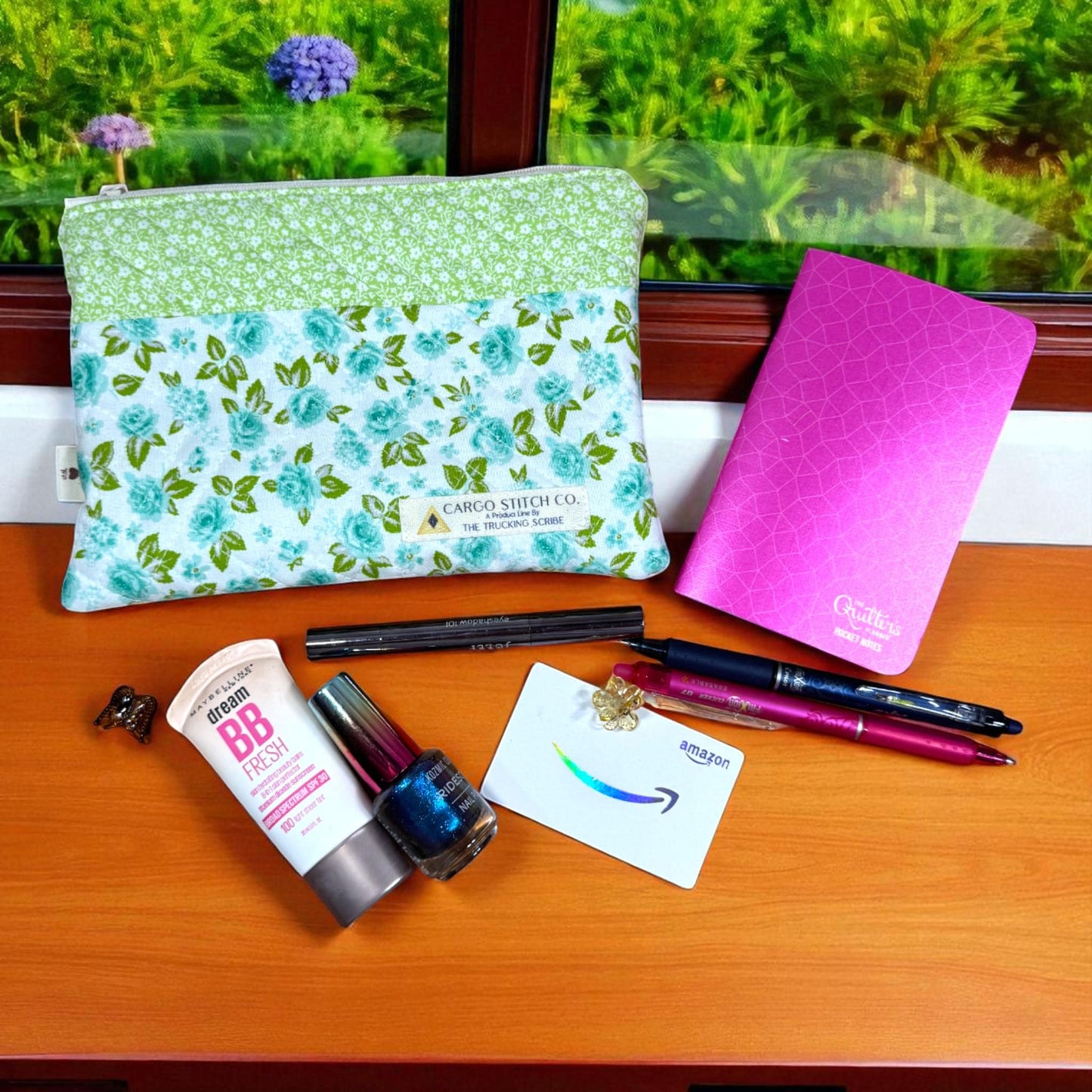 Aqua Rose Quilted Zipper Pouch | Stitcher’s Carry Handmade Bag | Green & Blue Floral Project Organizer for Sewing or Journaling