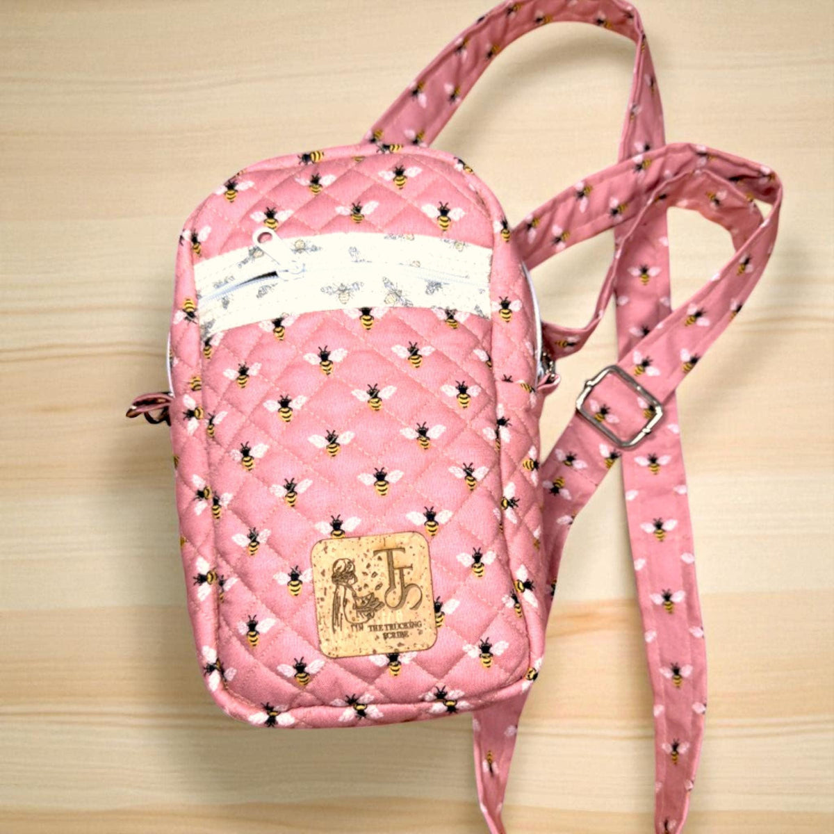Pink Bee Crossbody Bag, Quilted Phone Bag, Small Zipper Purse, Adjustable Strap, Rose Apiary Quick Haul, Handmade Gift