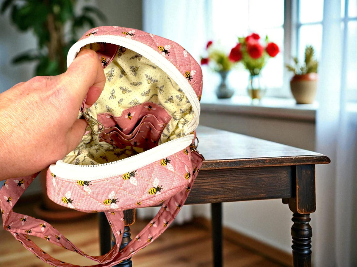 Pink Bee Crossbody Bag, Quilted Phone Bag, Small Zipper Purse, Adjustable Strap, Rose Apiary Quick Haul, Handmade Gift