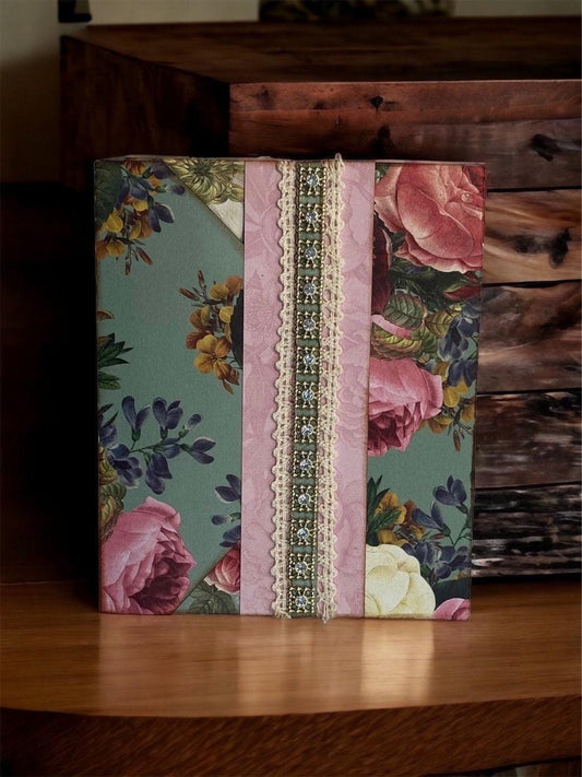 Shabby Chic Floral Junk Journal – Vintage-Inspired Handmade Journal with Lace, Tags, Ephemera, Pockets, and Tea-Dyed Pages