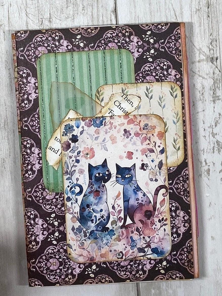 Whimsical Forest Cat Folio – Midnight Mischief Edition | Handmade Junk Journal Insert with Pockets | Enchanted Feline Ephemera