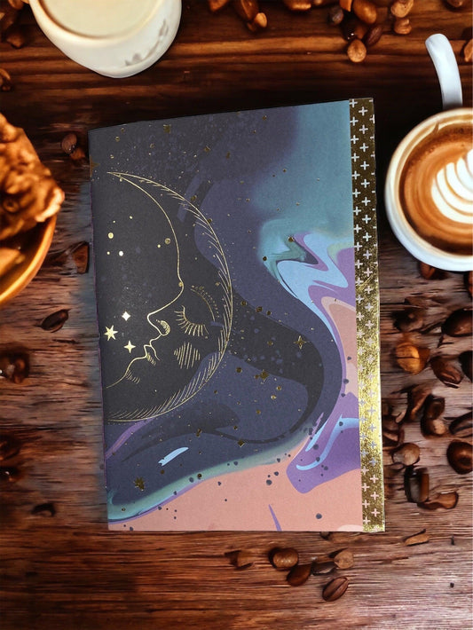 Galaxy Moon Junk Journal – Coffee‑Dyed Astral Grimoire, Vintage Ephemera Scrapbook, Handmade Celestial Diary