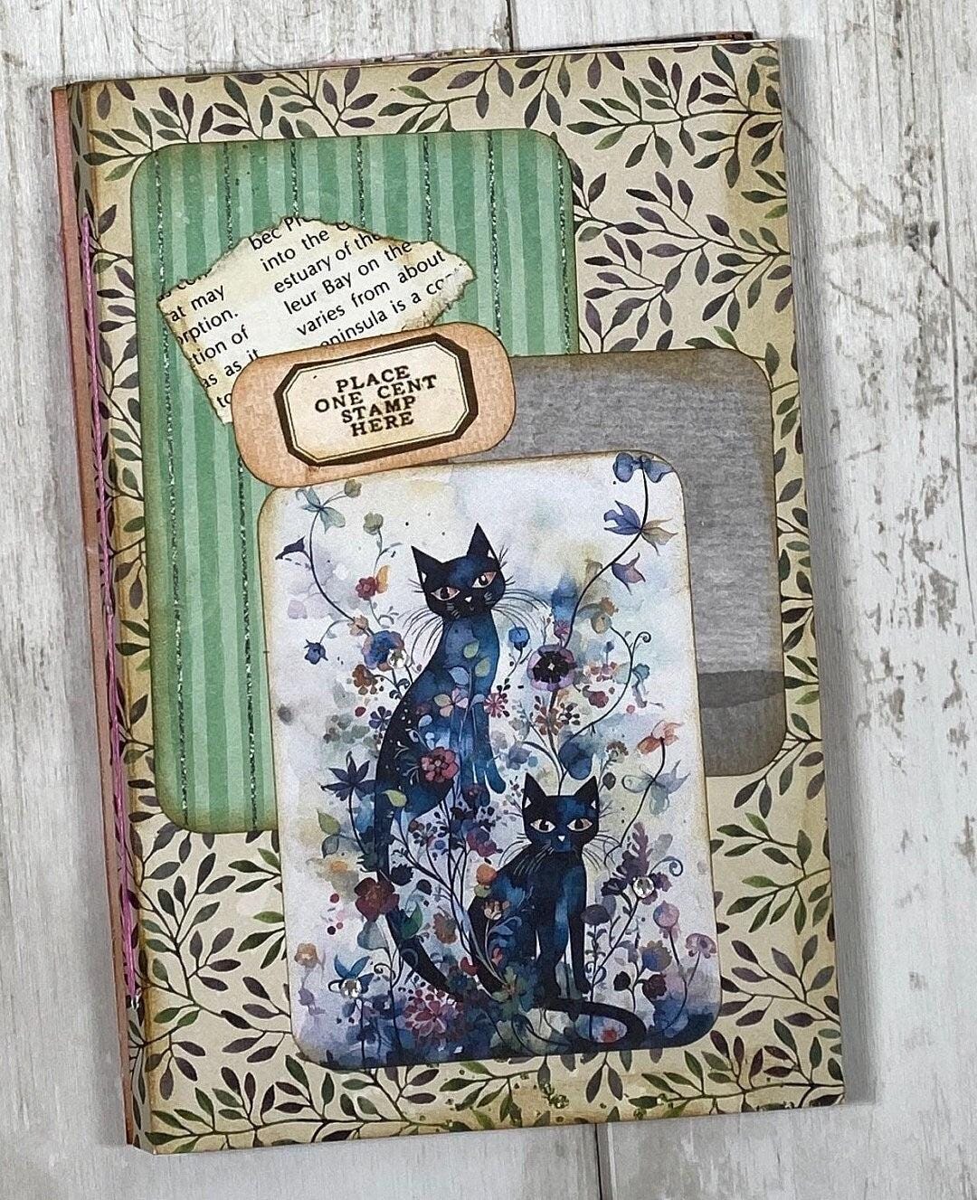 Whimsical Forest Cat Folio – Midnight Mischief Edition | Handmade Junk Journal Insert with Pockets | Enchanted Feline Ephemera