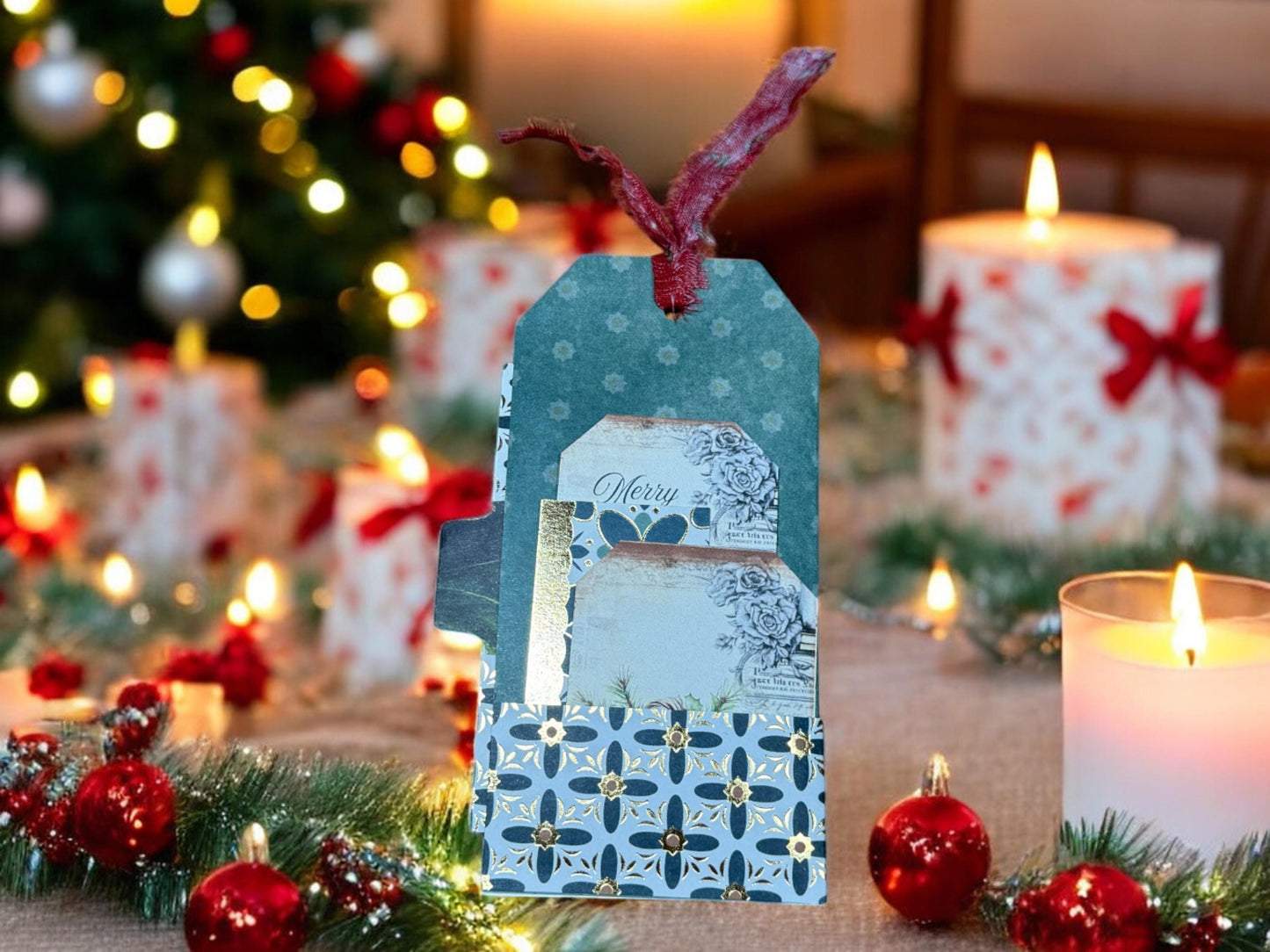 Triple Pocket Christmas Junk Journal Tag: Mini Notebook & Ephemera