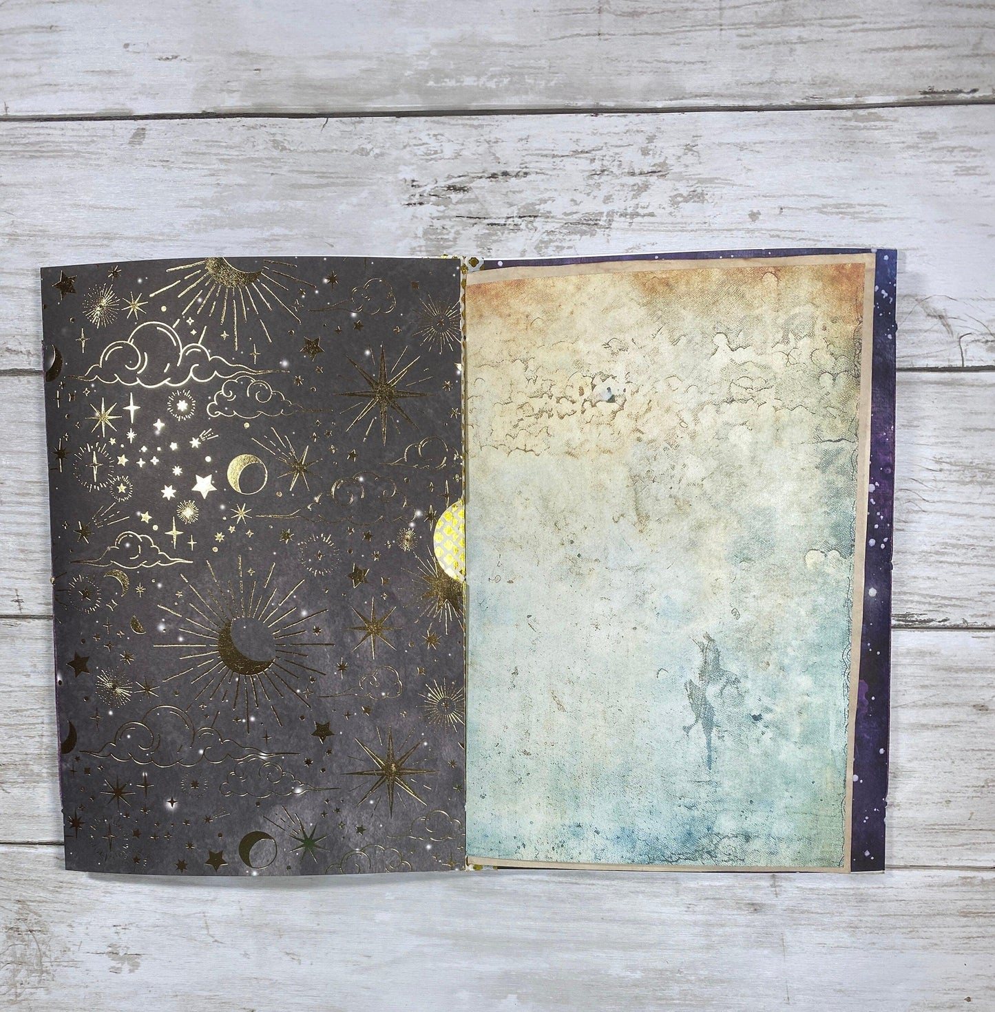 Galaxy Moon Junk Journal – Coffee‑Dyed Astral Grimoire, Vintage Ephemera Scrapbook, Handmade Celestial Diary