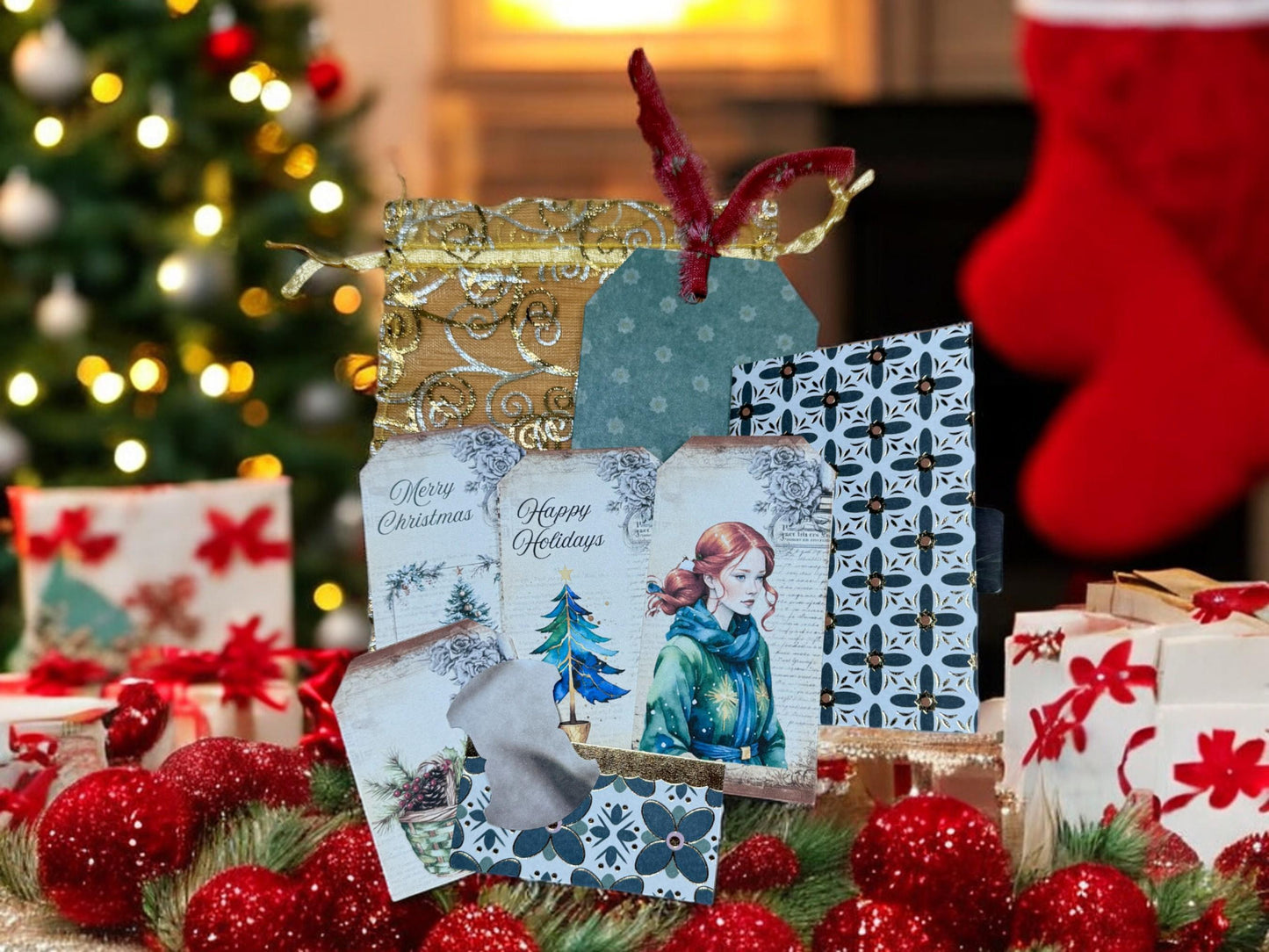 Triple Pocket Christmas Junk Journal Tag: Mini Notebook & Ephemera