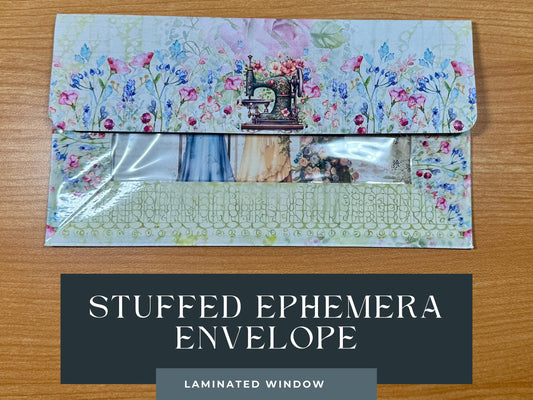 Sewing Ephemera Stuffed Envelope – Shabby Chic Junk Journal Kit – Vintage Tags, Cards, Laminated Window – Paper Craft Pack Gift