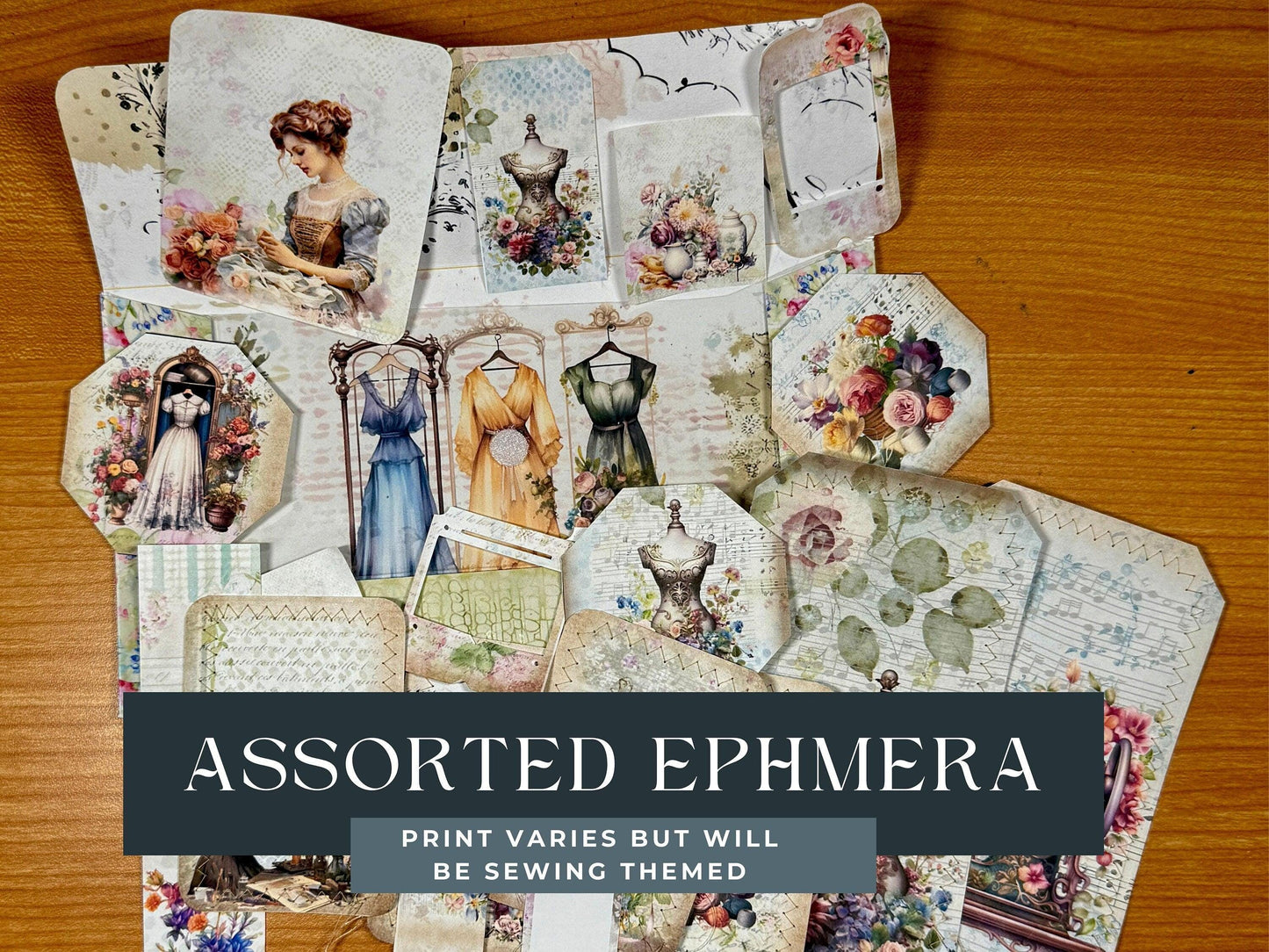 Sewing Ephemera Stuffed Envelope – Shabby Chic Junk Journal Kit – Vintage Tags, Cards, Laminated Window – Paper Craft Pack Gift