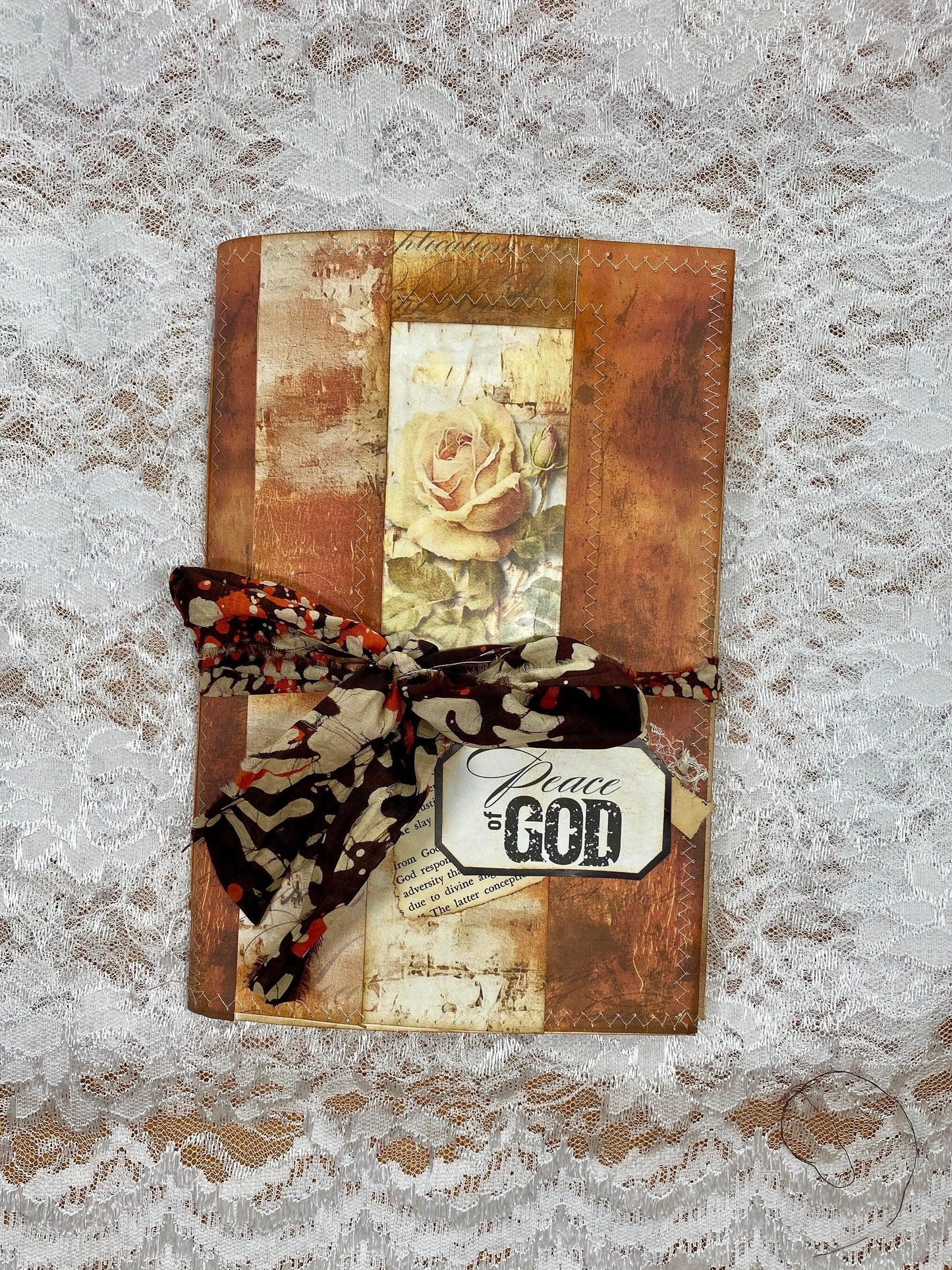 Gold Peace of God Junk Journal Handmade Faith Journal with Rose Collage Cover, Coffee-Dyed Pages, Scripture-Inspired Pockets, Christian Gift