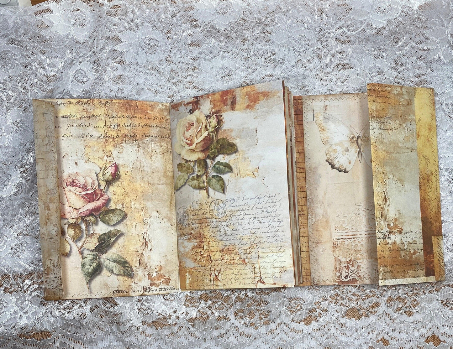 Gold Peace of God Junk Journal Handmade Faith Journal with Rose Collage Cover, Coffee-Dyed Pages, Scripture-Inspired Pockets, Christian Gift