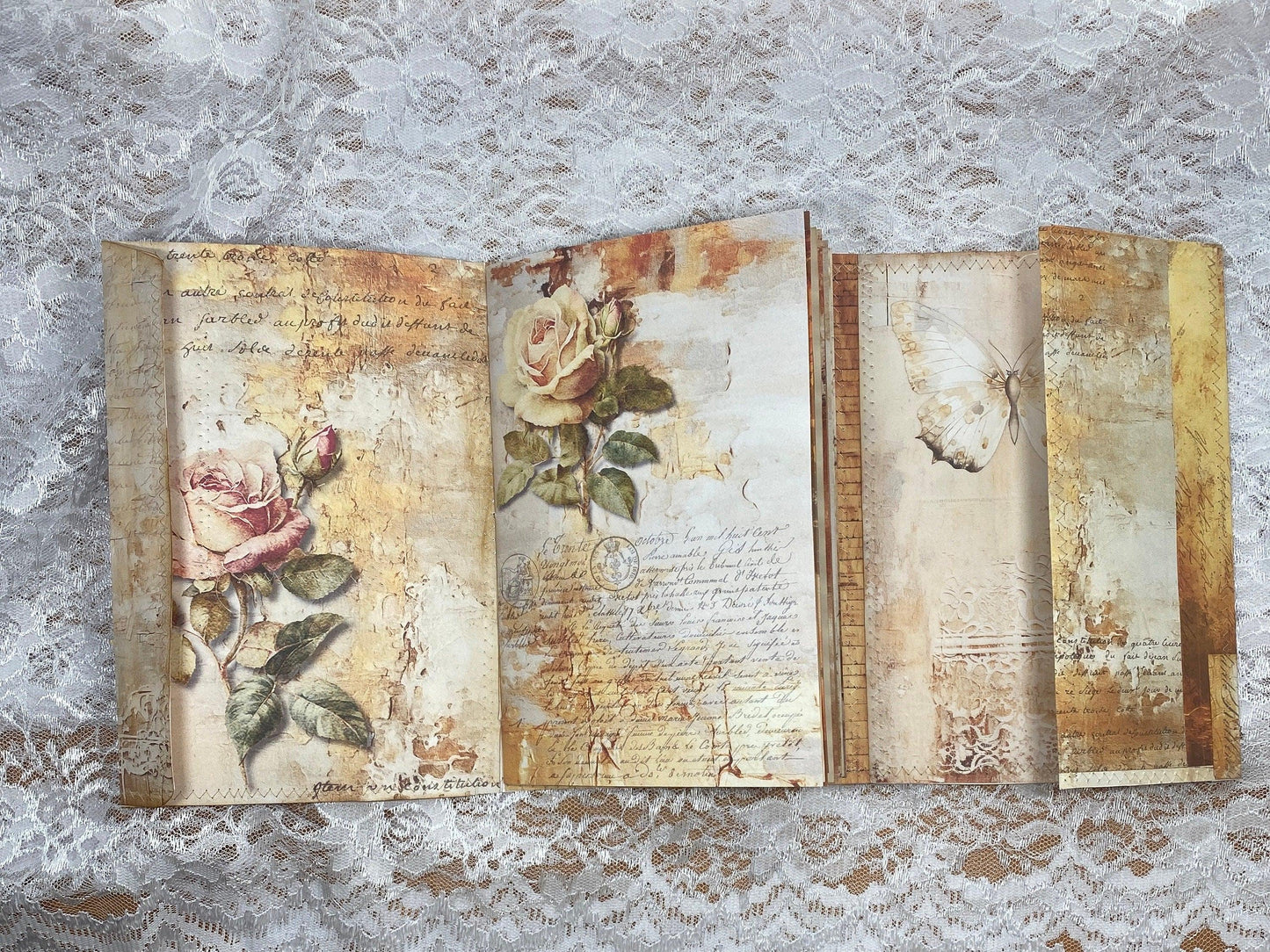 Gold Peace of God Junk Journal Handmade Faith Journal with Rose Collage Cover, Coffee-Dyed Pages, Scripture-Inspired Pockets, Christian Gift